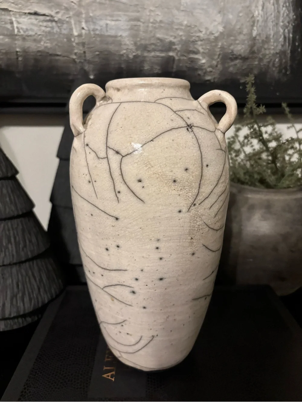 Vintage Cream Crackle-Glaze Dual-Handle Vase